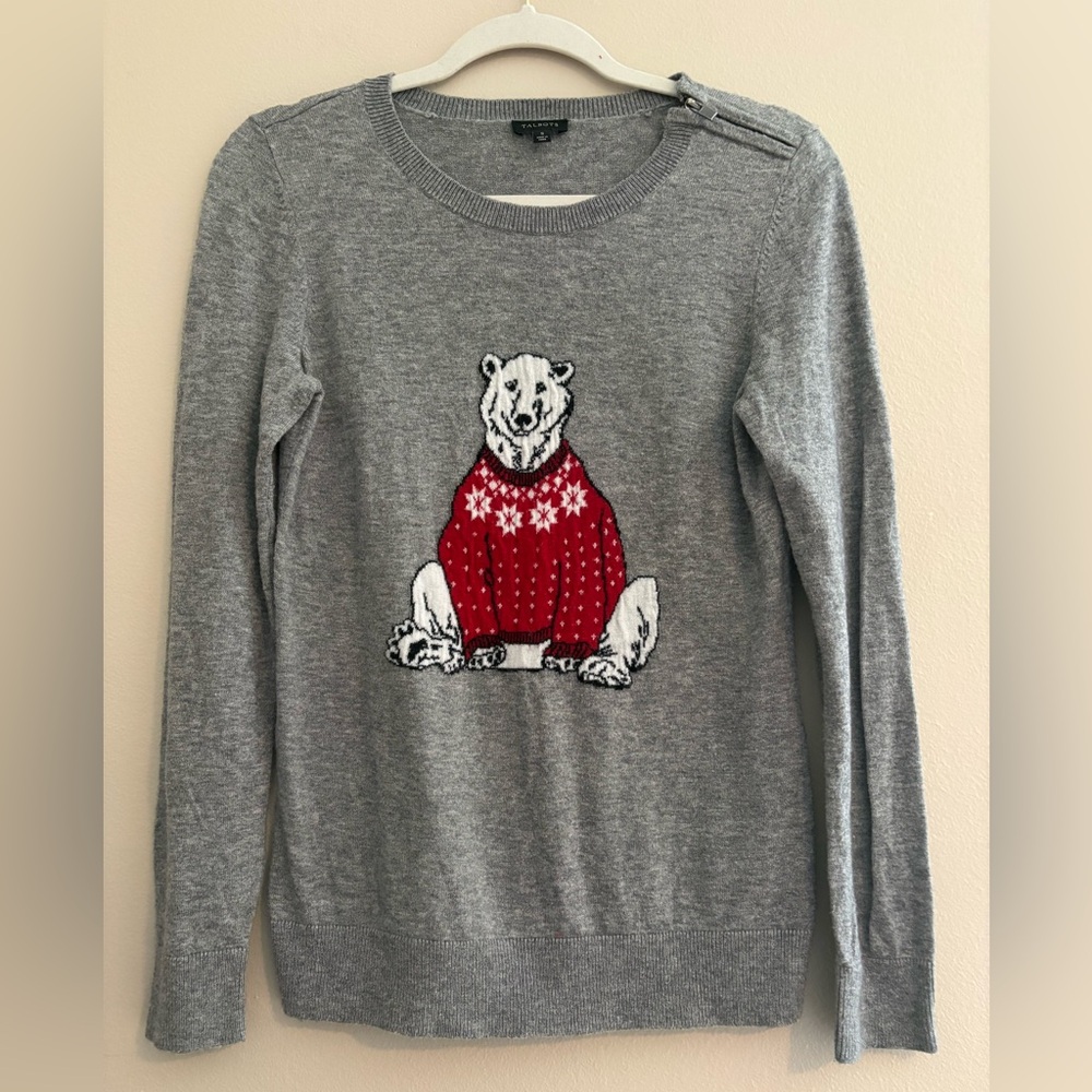 Talbots Polar Bear Sweater Soft Lightweight Cozy Gray Red Lambswool Size Small - Picture 2 of 8